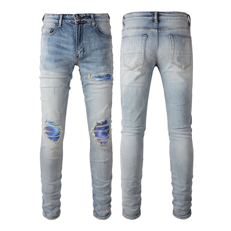 Washed Bright White Distressed Cat Beard Patch Ripped Stretch Slim Jeans