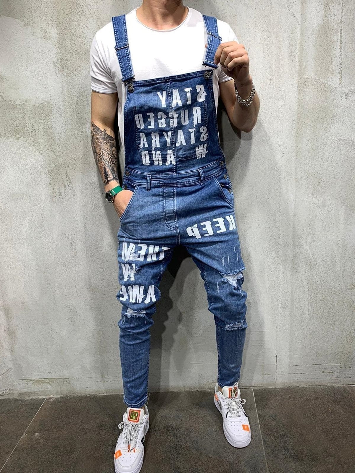 Men's braces ripped jeans jumpsuit men pants