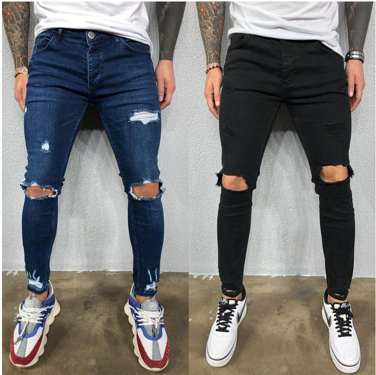 Men Jeans Black Blue Cool Skinny Knee Hole Ripped Stretch Slim Elastic Denim Pants Solid Color High Street Style Trousers Man