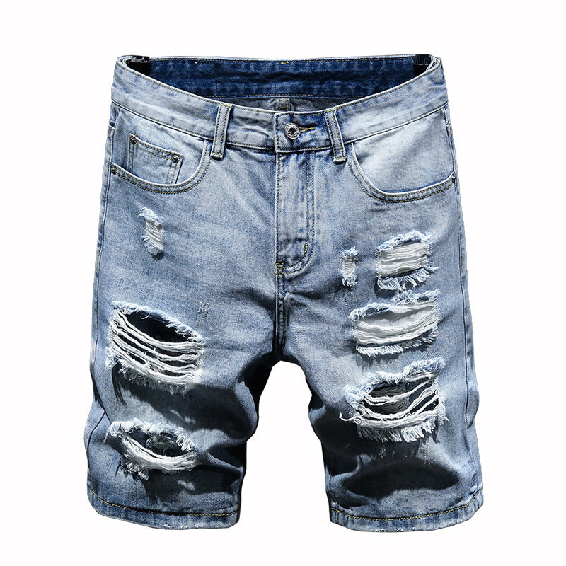 Summer Personality Jeans Shorts Korean Fit Slim Big Hole Fashion Trend 5-cent Jeans Short Pants