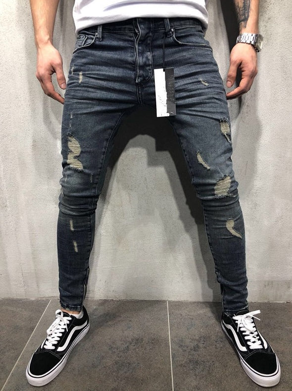 Customized models Europe and the United States high street tide men's hole jeans stretch large size pants slim pants Biker jeans