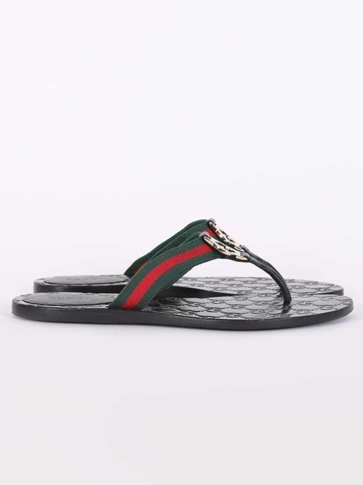 Gucci GG Interlocking Web Detail Leather Flip Flops Nero