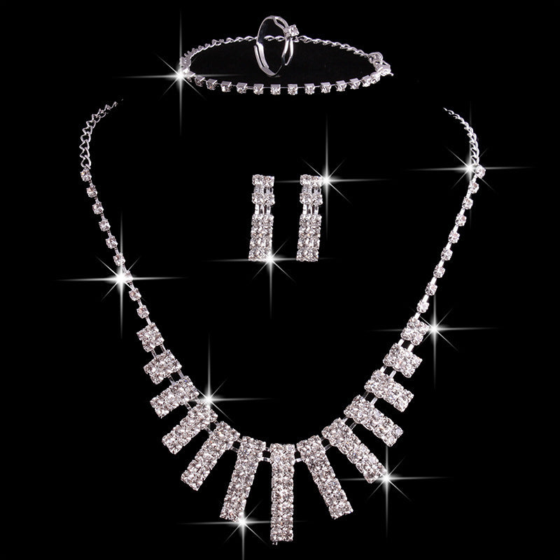Elegant 4-Piece Jewelry Set for Women – Rhinestone Necklace, Earrings, Ring & Bracelet
