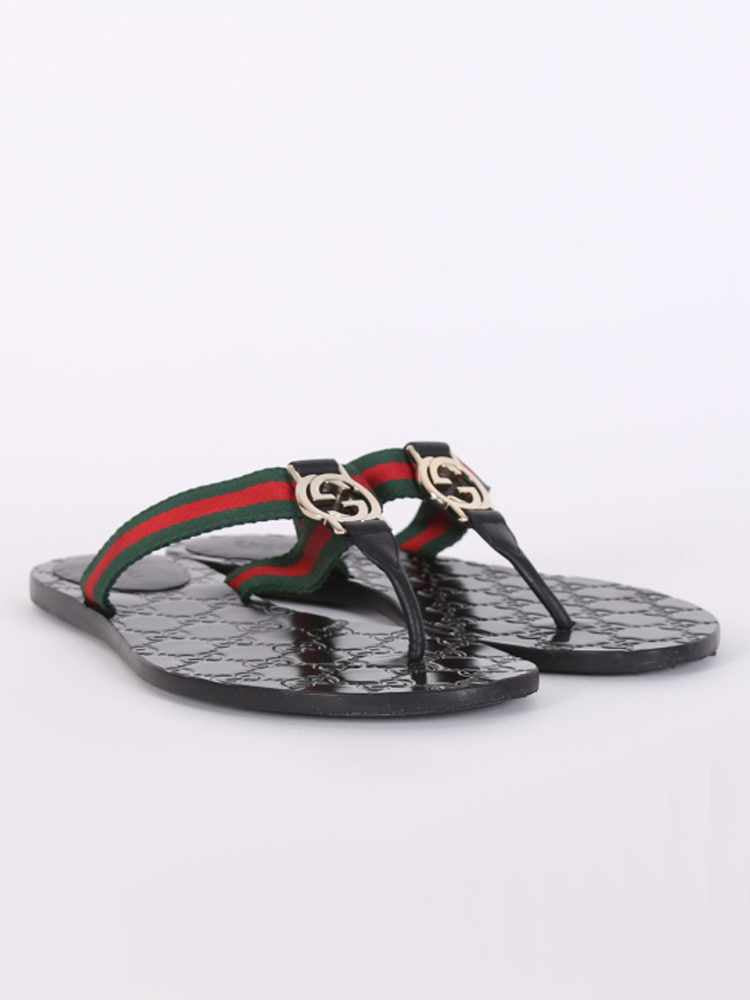 Gucci GG Interlocking Web Detail Leather Flip Flops Nero