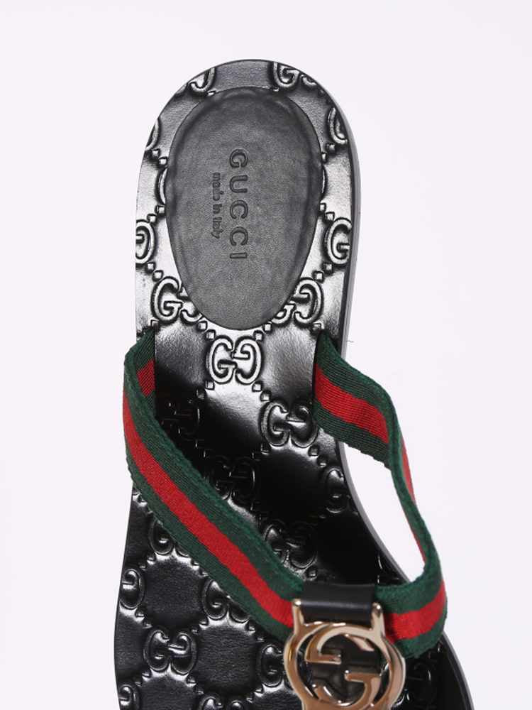 Gucci GG Interlocking Web Detail Leather Flip Flops Nero