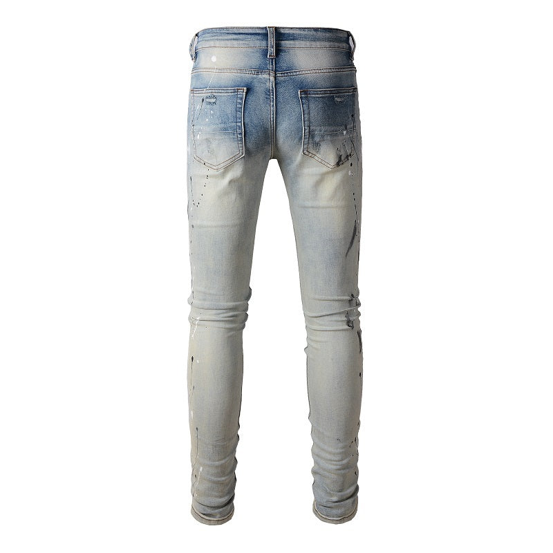 Light Colored Paint Splashing Ink Making Old Washed Jeans For Men