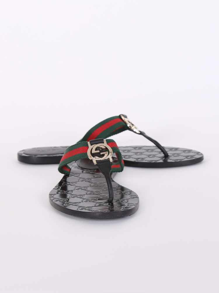 Gucci GG Interlocking Web Detail Leather Flip Flops Nero