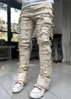 Men Trousers Individual Patched Pants Long Tight Fit Stacked Jeans