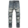 Retro Crumpled Hole Patch Elastic Straight Skinny Jeans